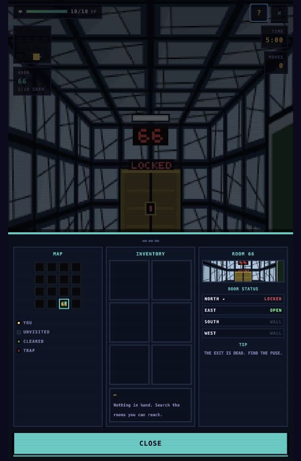 TrapGrid field notebook showing map, inventory, room status, and door information