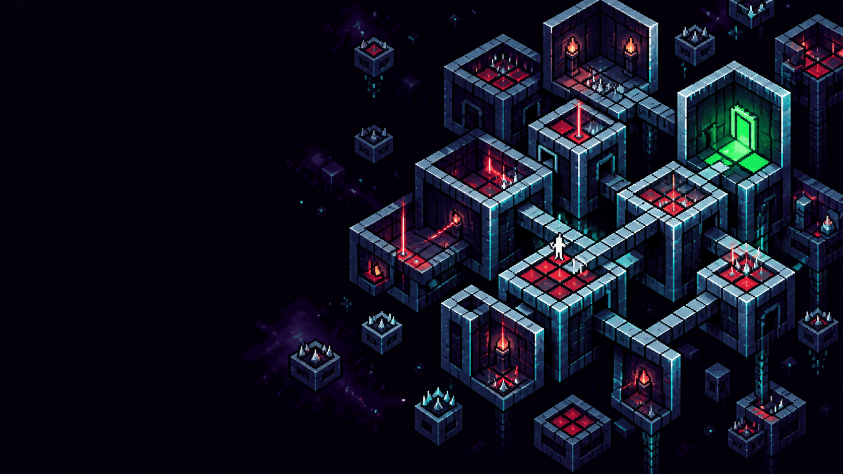 Pixel-art TrapGrid rooms suspended in a dark maze